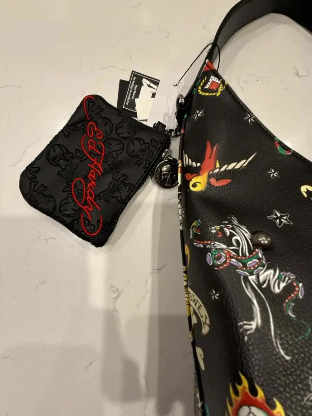 Ed Hardy Dalinda Black Studded Graphic Hobo Shoulder Bag with Pouch